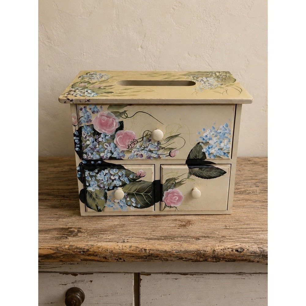 VTG Kenyield Hand-Painted Tissue Box With Keepsake Trinket Drawers Floral Design